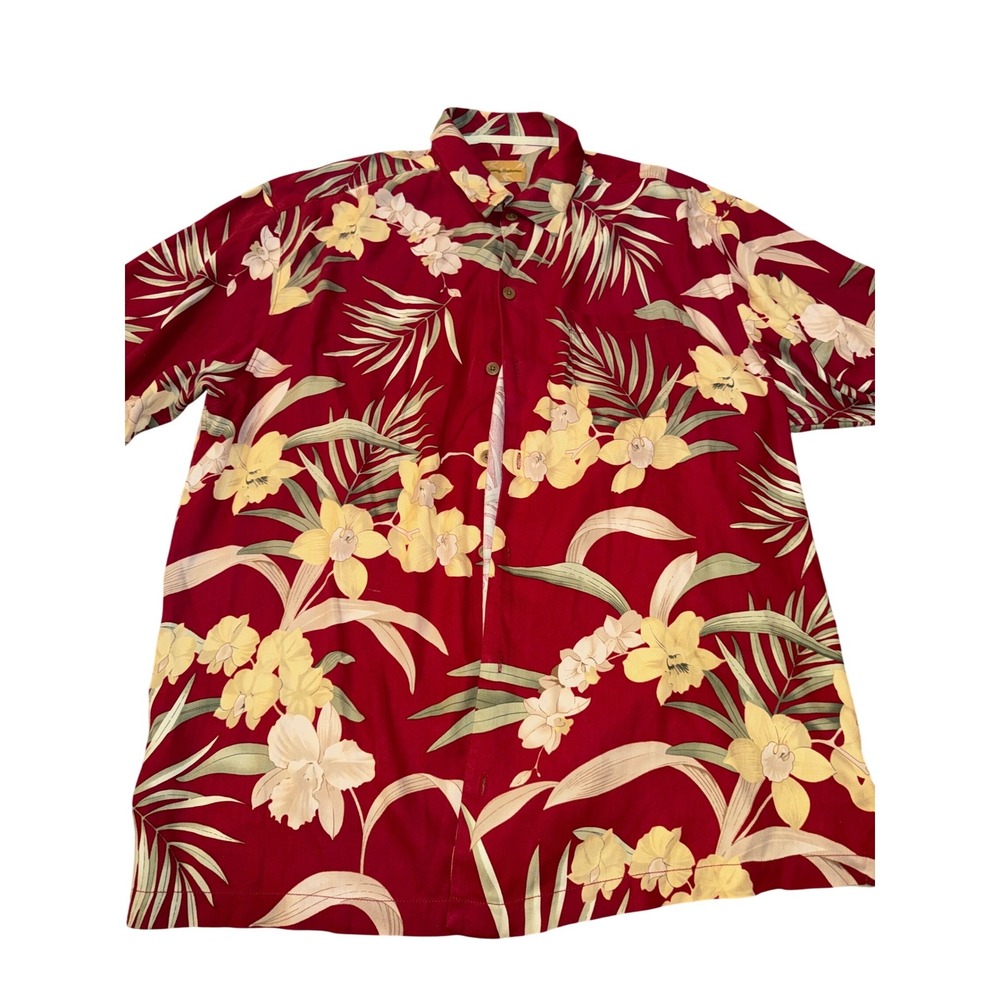 Tommy Bahama Mens XL Silk Floral Camp Shirt Red Tropical Palm  Print